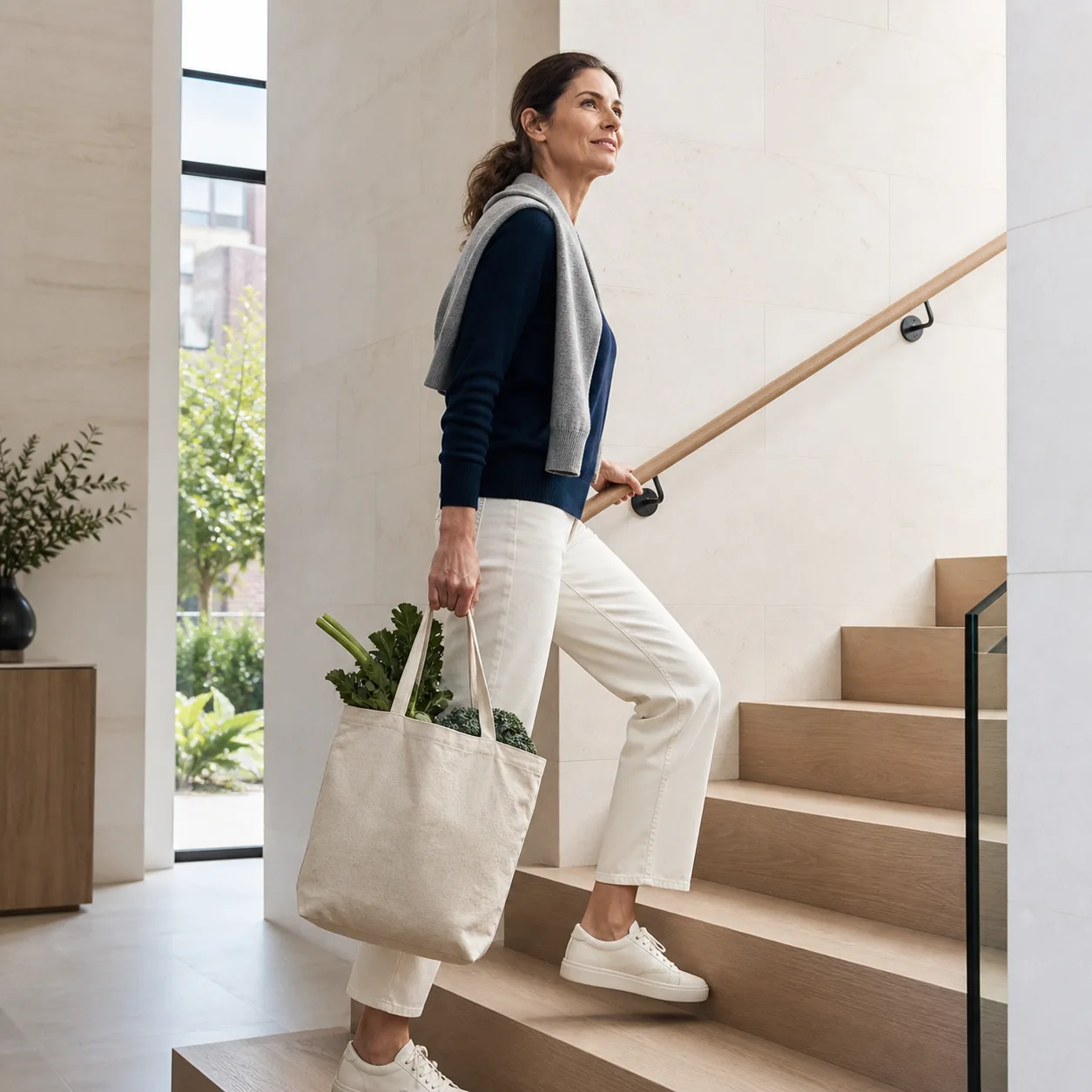 A woman in her fifties carrying groceries up a bright residential staircase